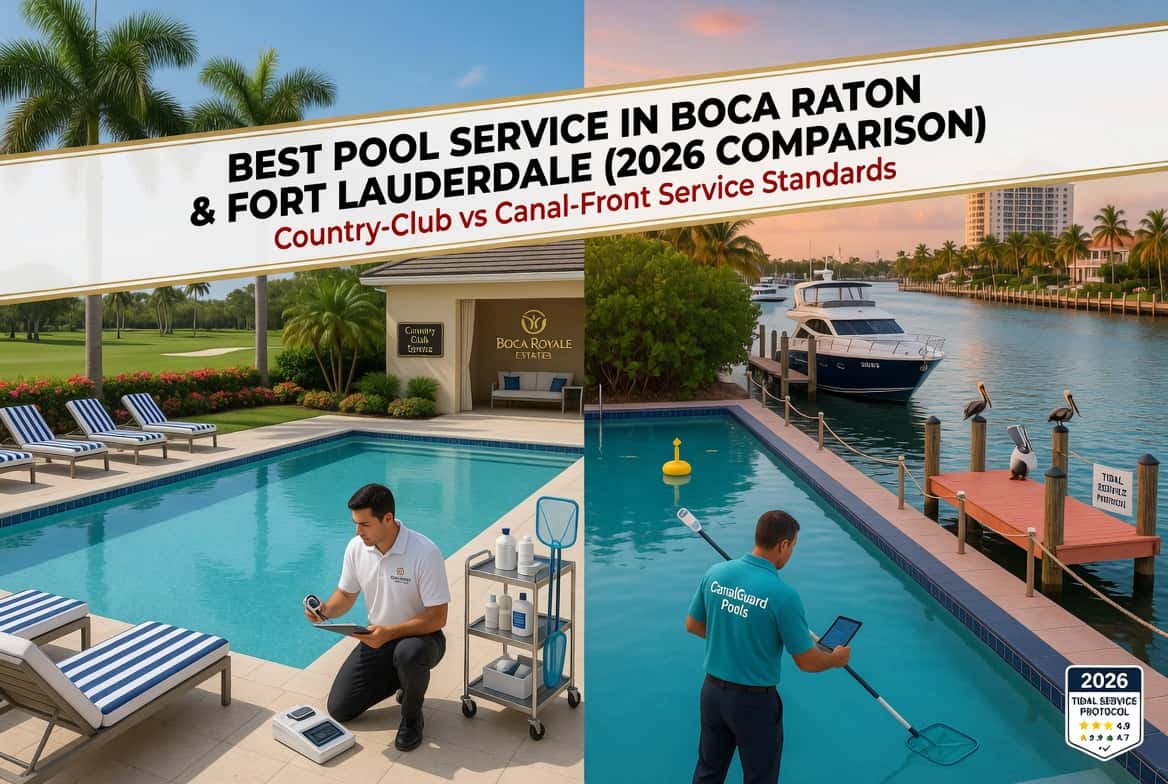 A Delray Beach country-club pool and a canal-front pool side by side — the two service realities in one city