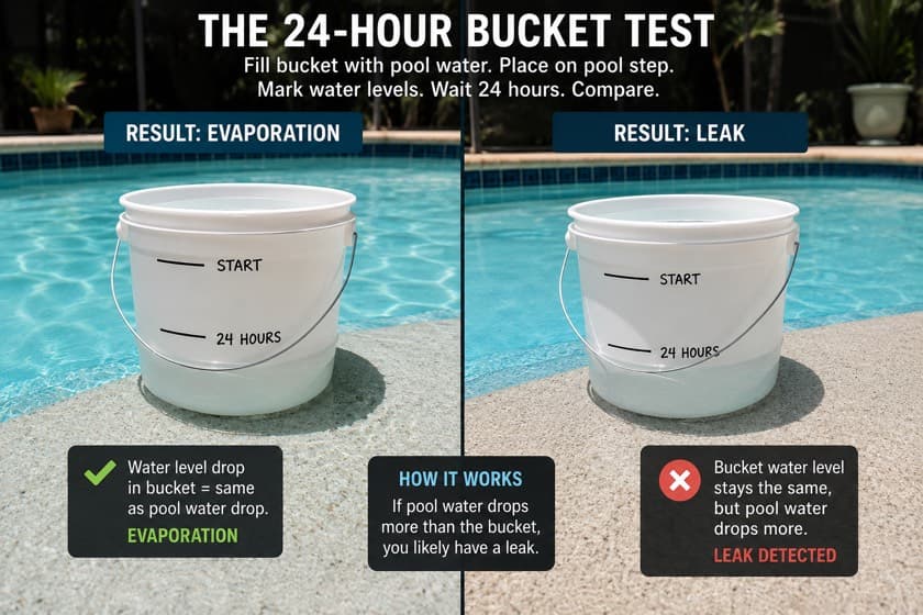 A bucket set on a South Florida pool step for a 24-hour bucket test comparing pool water loss against evaporation