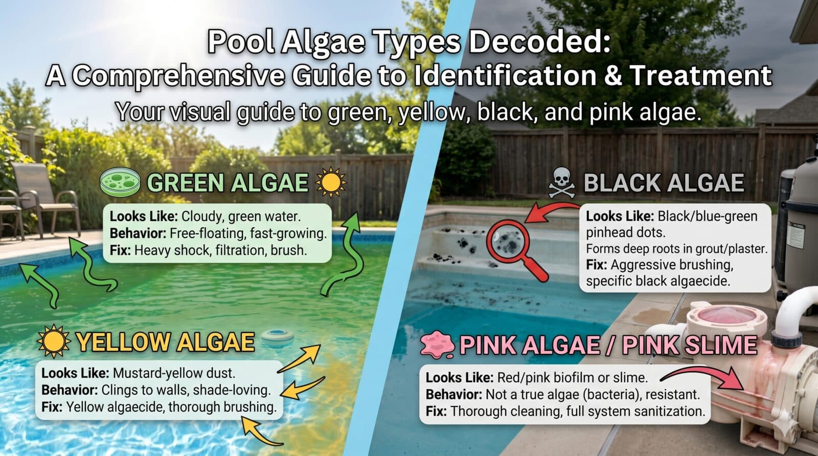 Pool Algae Types Decoded: Green, Mustard, Black & Pink in South Florida — How to ID & Treat Each in 60 Seconds