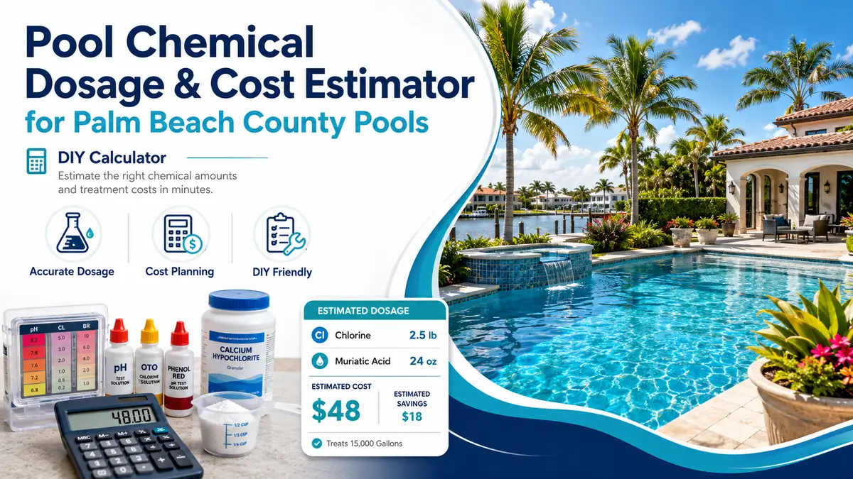 Pool water test kit, calculator, and chlorine and calcium hypochlorite containers on a pool deck beside a Palm Beach County backyard pool