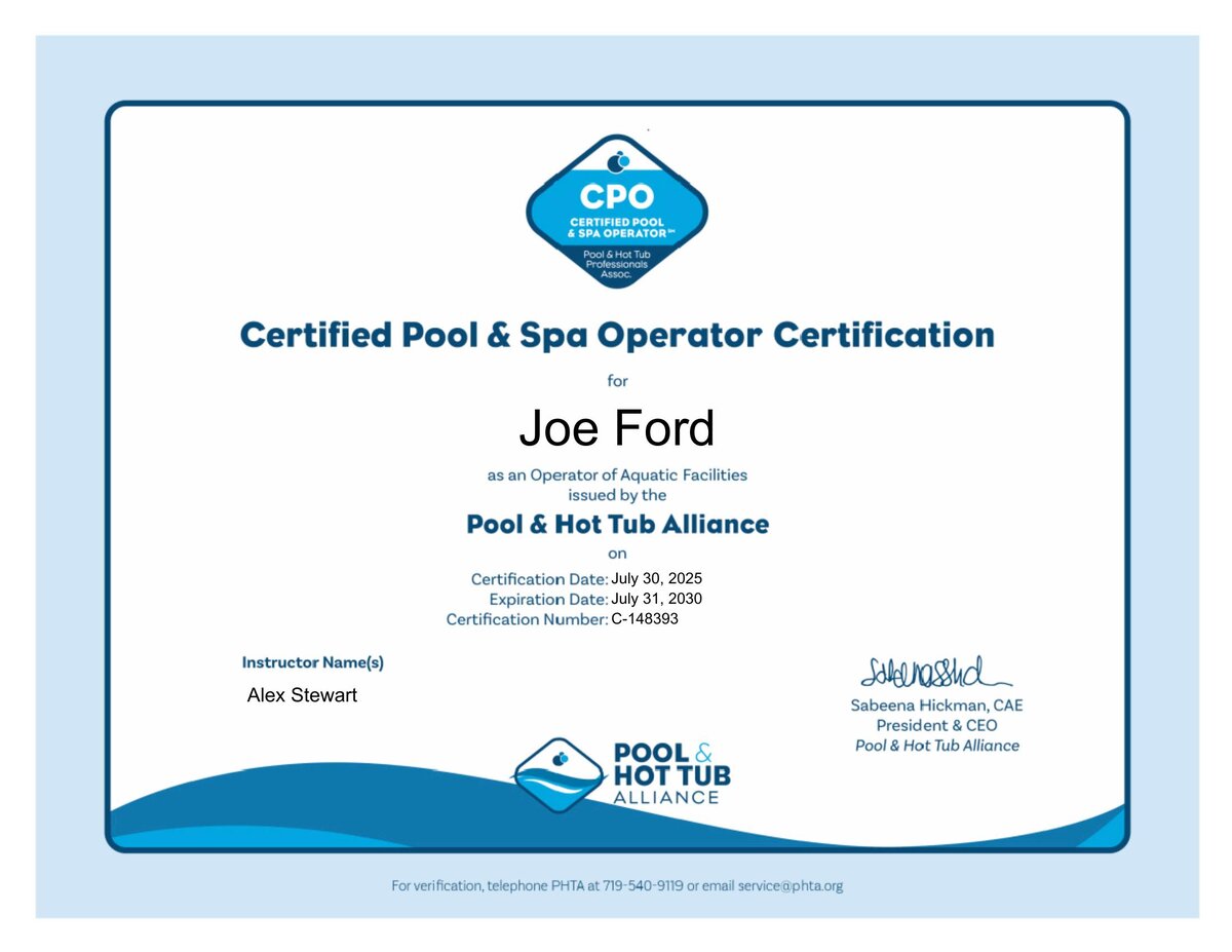 Florida's Best Pools Certified Pool Operator (CPO) license C-105377 issued by the Pool & Hot Tub Alliance — the DOH-recognized operator credential required under Chapter 514, F.S. for any commercial public pool in Florida
