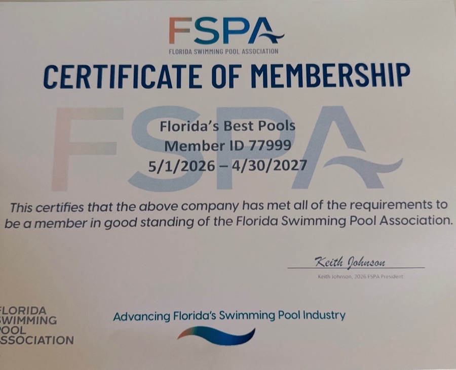 Florida Swimming Pool Association (FSPA) Certificate of Membership issued to Florida's Best Pools — Member ID 77999, valid May 1, 2026 through April 30, 2027, signed by 2026 FSPA President Keith Johnson